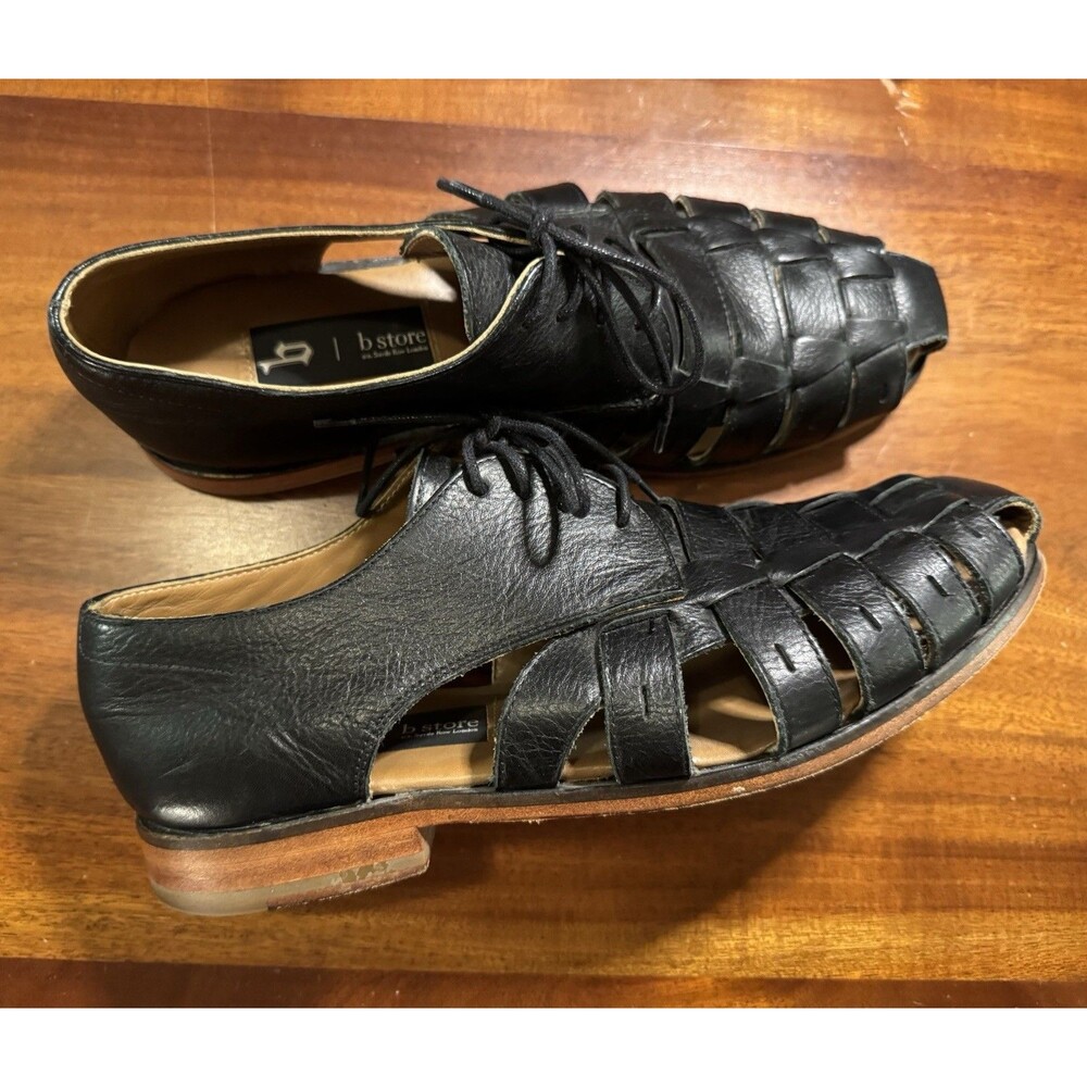 Vintage b Store London Black Leather Fisherman Huarache Oxford Shoes Mens US 11 - Picture 2 of 8